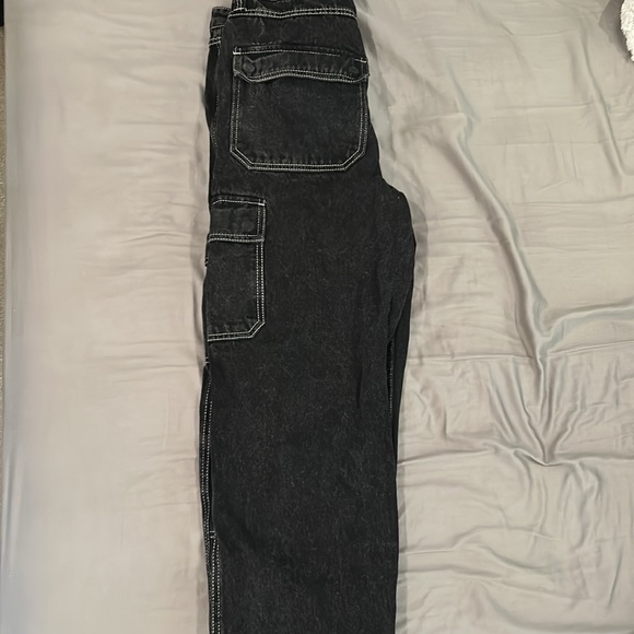 Black washed cargo pants with white stitch outlining. - Picture 2 of 3